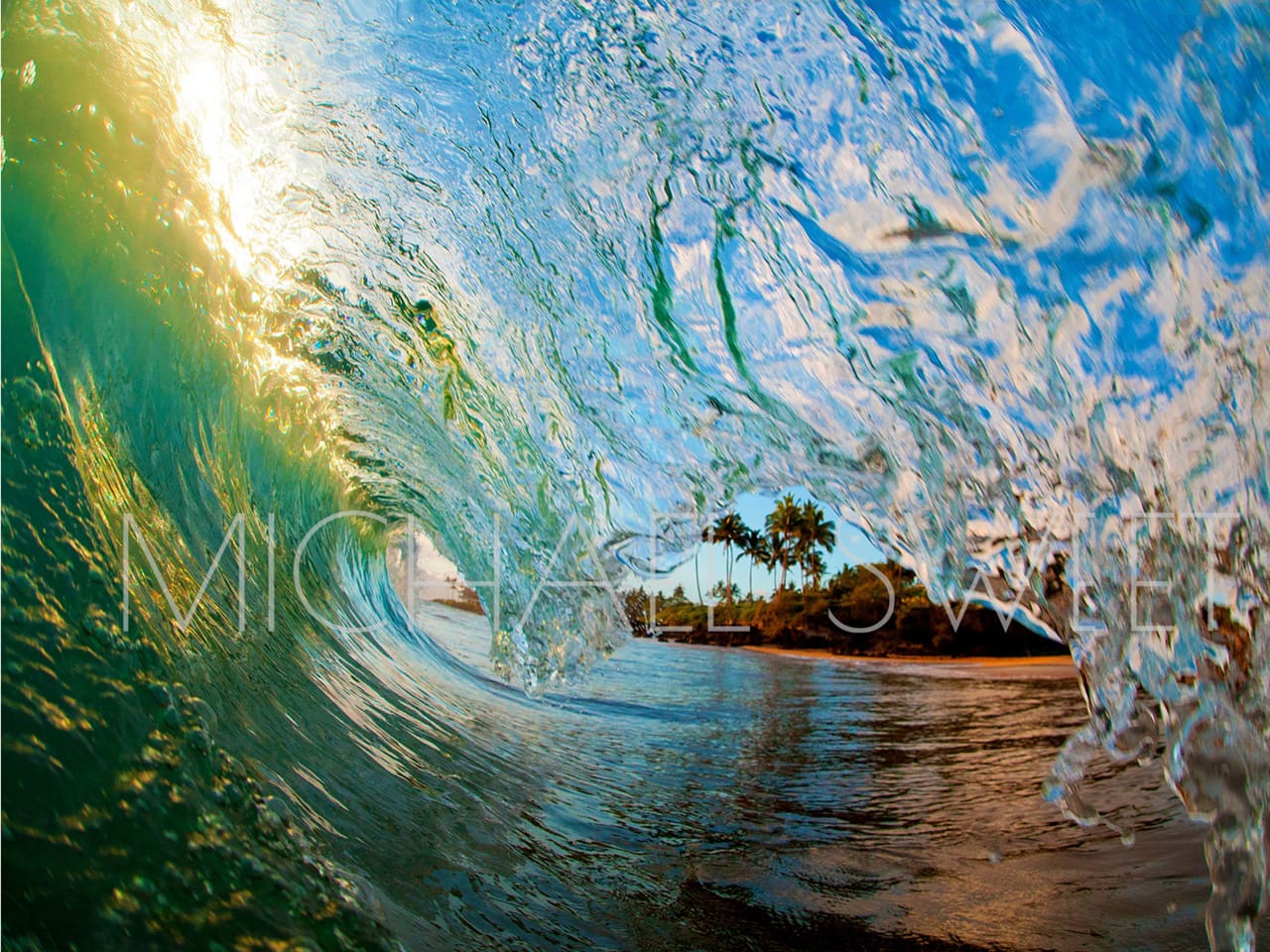 A curling wave glints in the sun before crashing on a lush, palm studded beach in this photo by Michael Sweet.