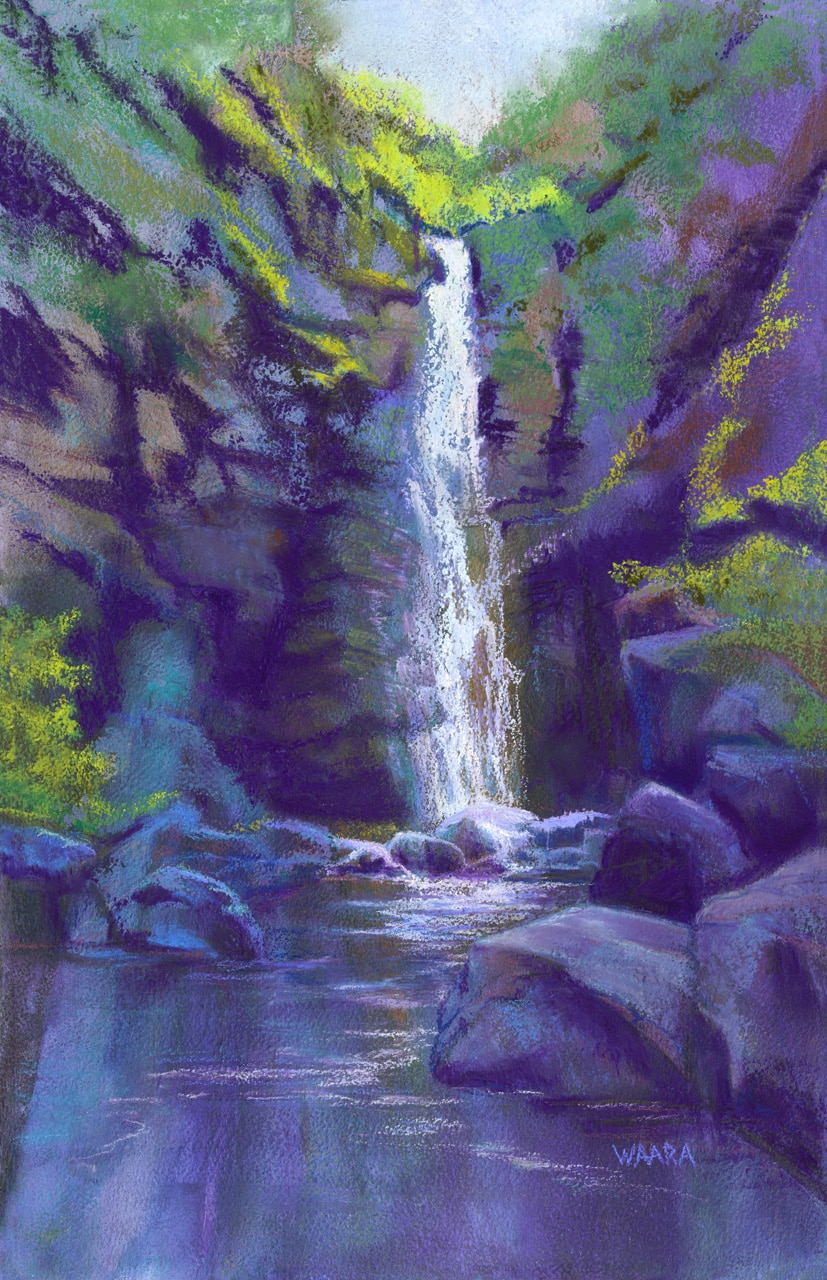 Soft pastel painting of Alelele Falls in Maui Hawaii