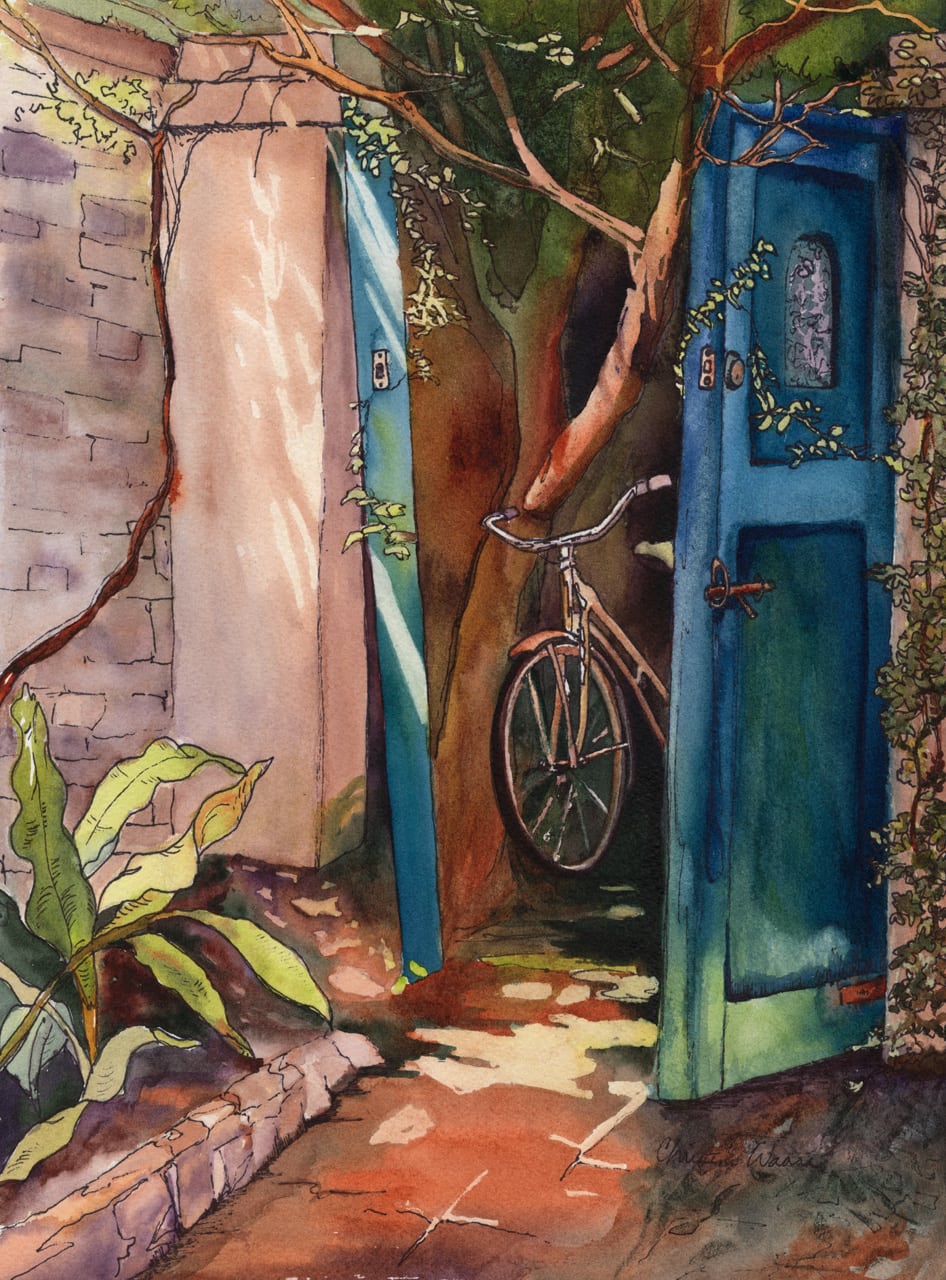 Watercolor painting of a bicycle propped up in an alley behind a gate