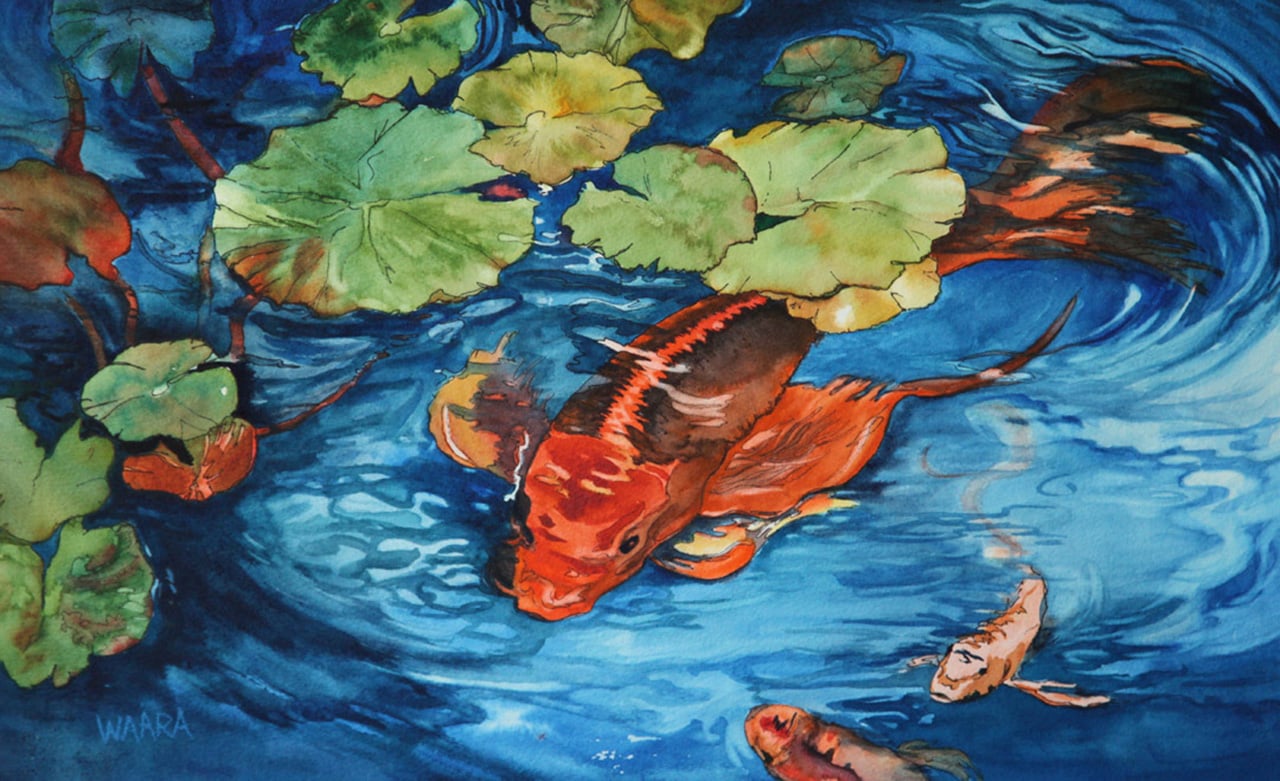 Watercolor painting of koi fish swimming under lily pads