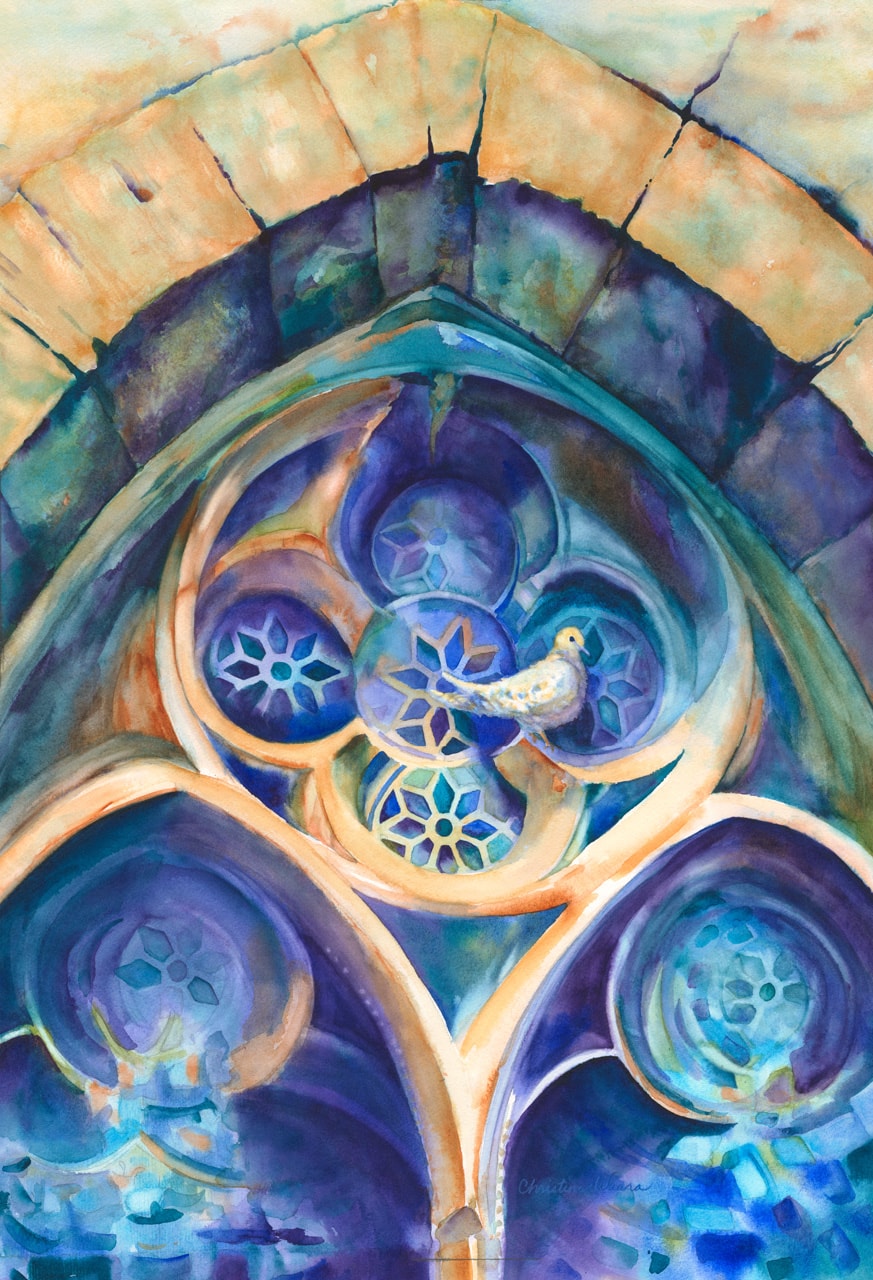 Watercolor painting of a cathedral window with a dove perched in it