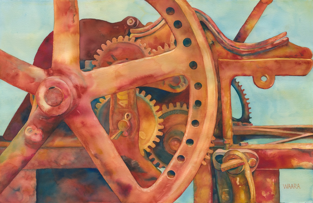 Watercolor painting of rusty sugar cane press