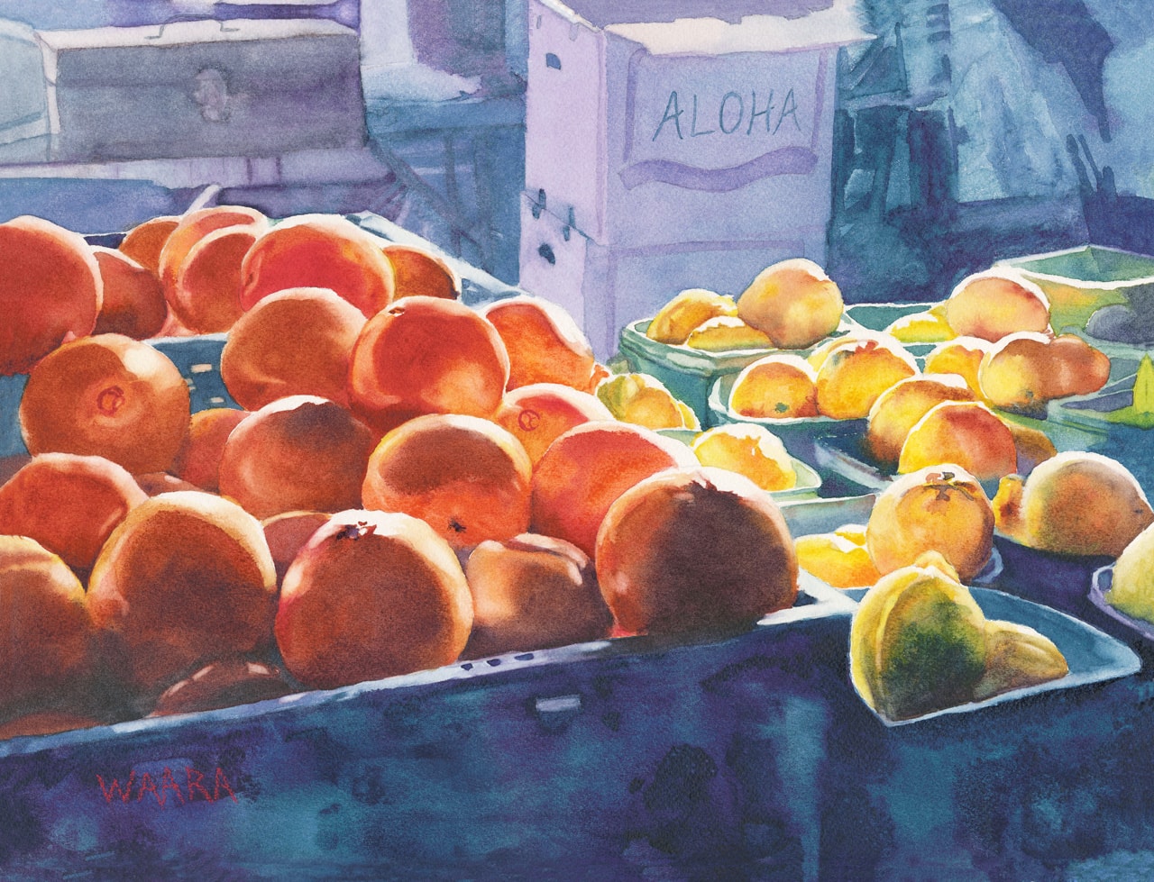 Watercolor painting of lemons and oranges in crates at a farmers' market