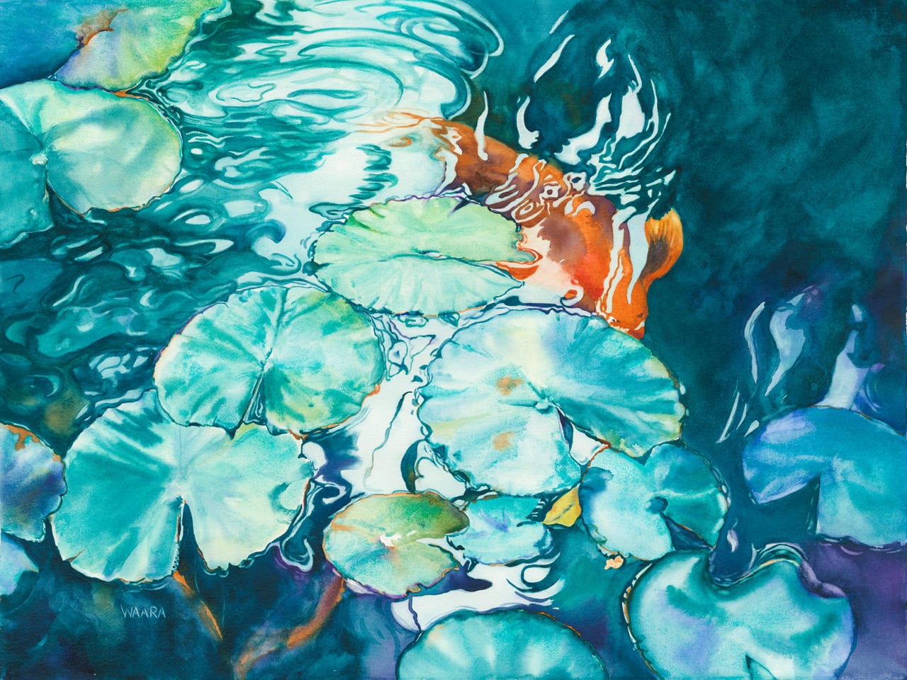 Watercolor painting of koi fish swimming under lily pads