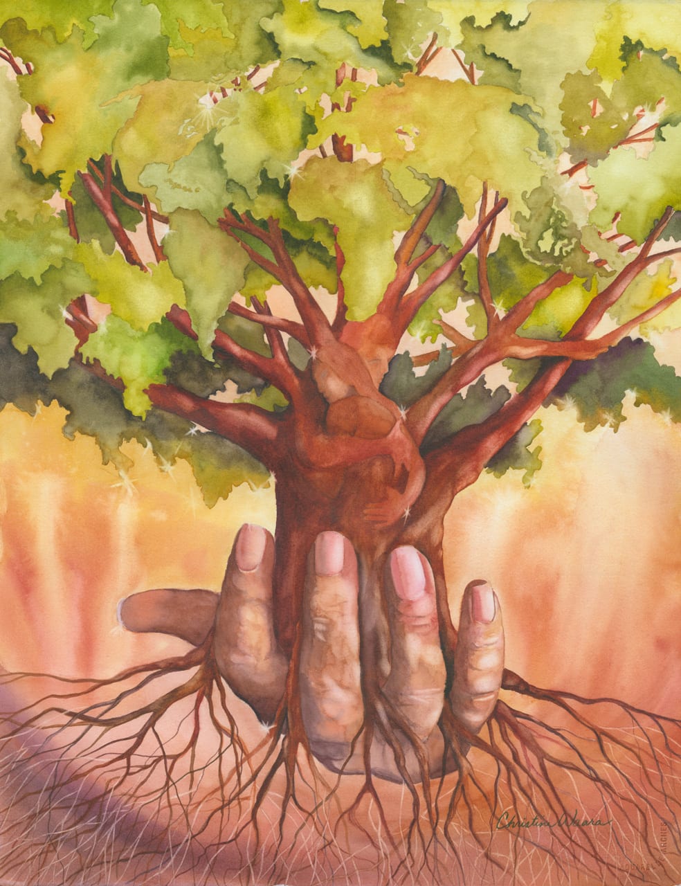 Watercolor painting of a hand holding a tree with hidden images within it