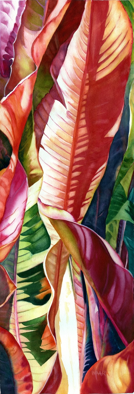 Watercolor painting of colorful banana leaves