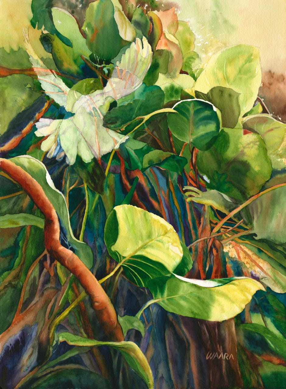 Watercolor painting of a ghost dove flying into light behind green vines