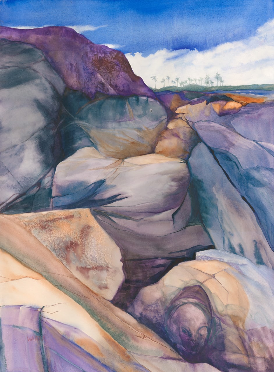 Watercolor painting of rocks with hidden images in Kapalua Maui