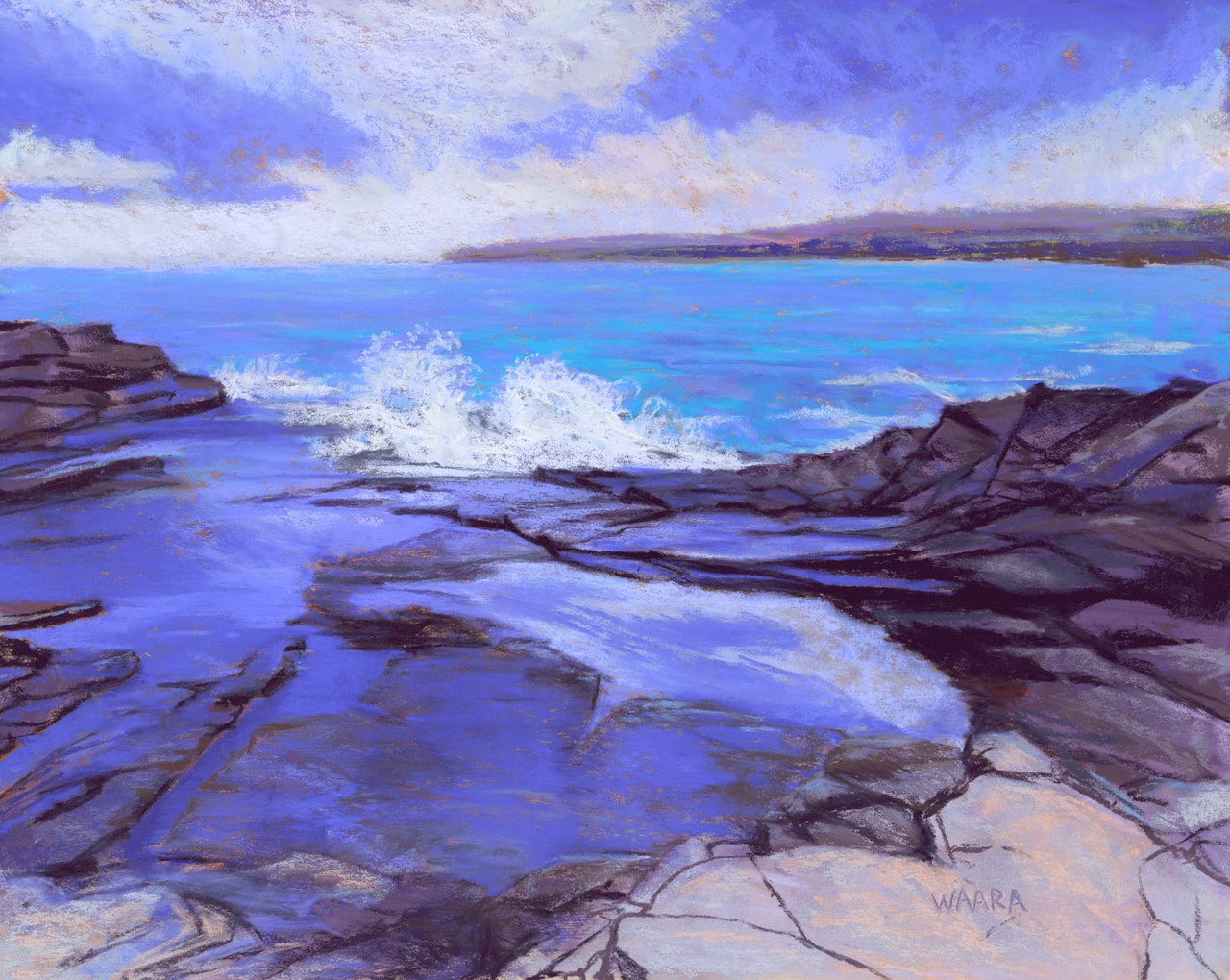 Soft pastel painting of waves breaking over rocks at Kapalua Point in Maui Hawaii