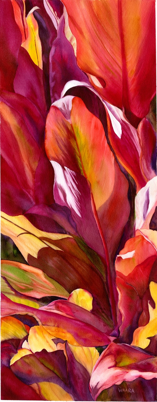 Watercolor painting of red ti leaves