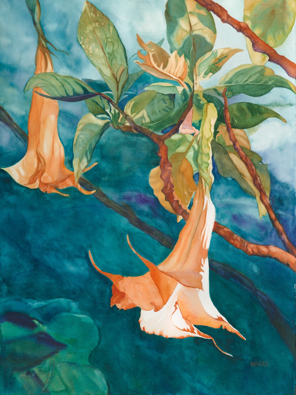 Watercolor painting of trumpet flowers blooming on a tree branch