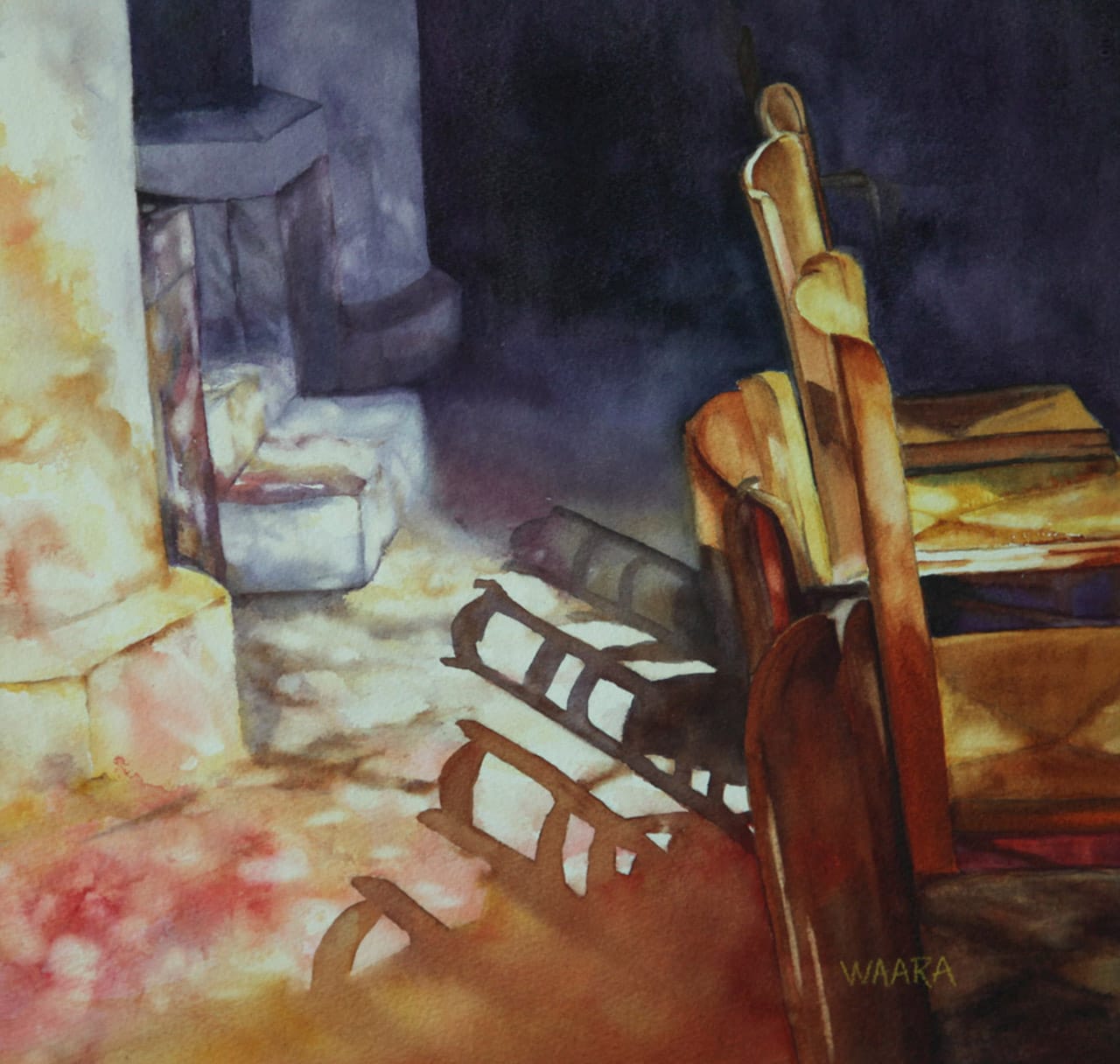 Watercolor painting of stain glass reflections on chairs in a church