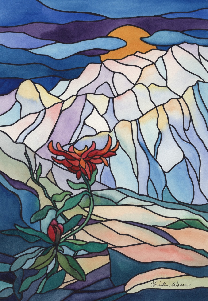 Watercolor painting of plant growing out of rocks in a stained glass stylized rendition