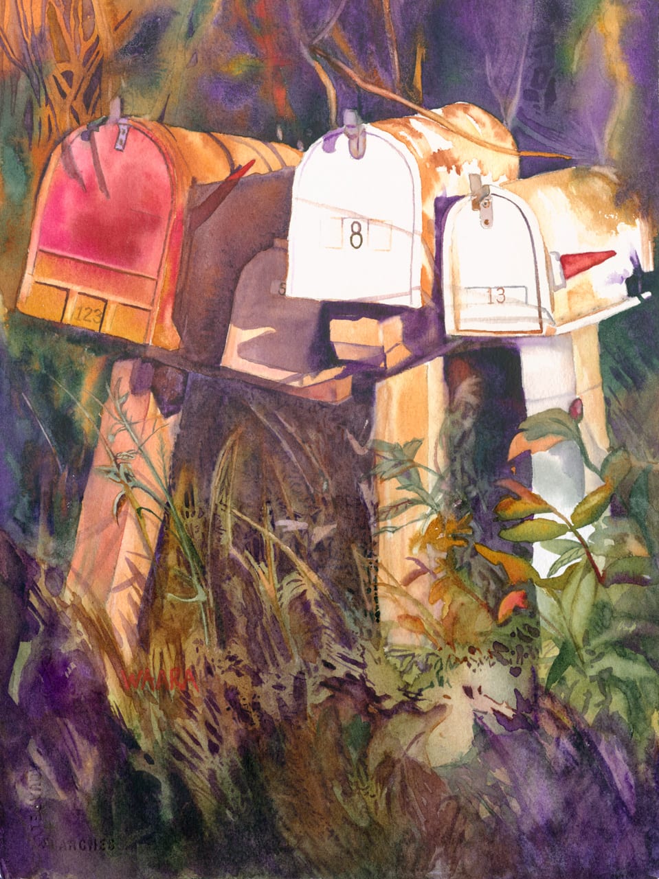 Watercolor painting of upcountry Maui mailboxes