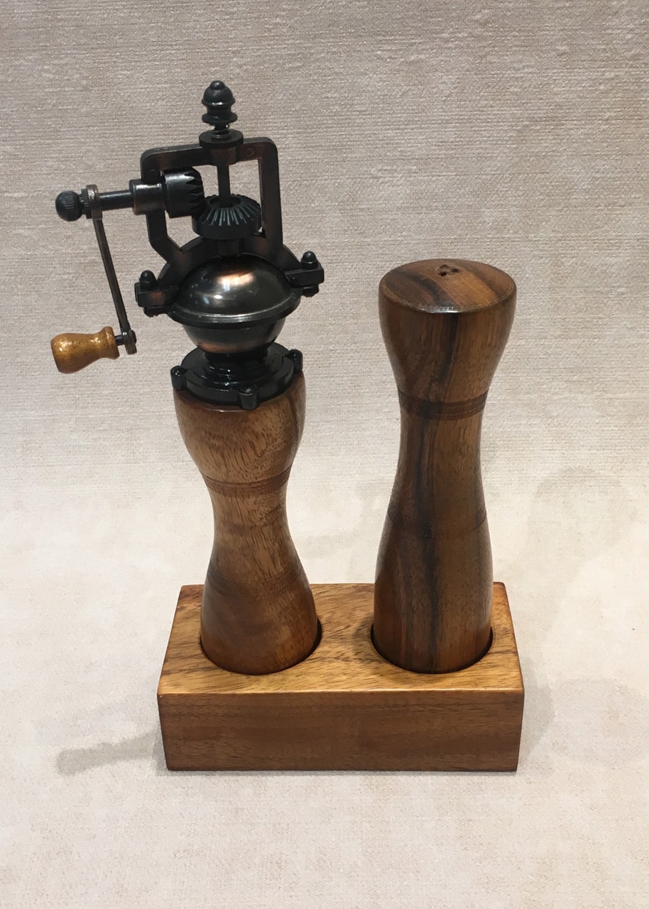 Koa salt shaker and pepper mill set in wood holder