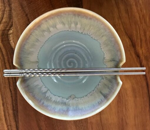 Notched Ceramic Chopstick Bowl by Curt Stevens - Pale Blue/Beige Drip Glaze