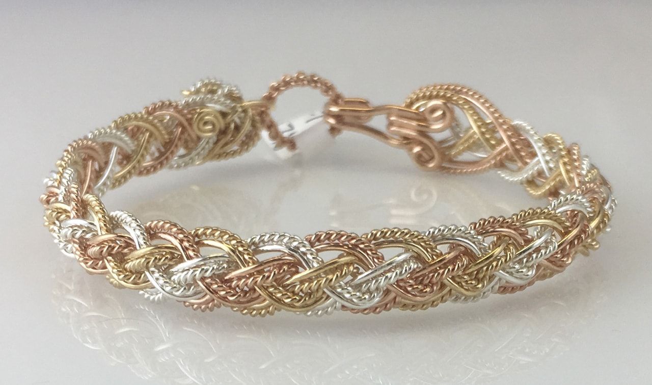 Tri Lace Weave Bracelet in sterling silver, gold fill, and rose gold fill by Varsha Titus