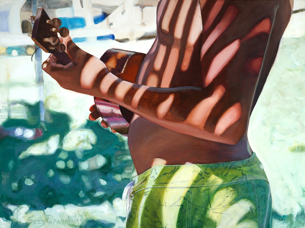 Giclee of a young boy holding a Ukulele with a plam tree shadow by Suzy Papanikolas