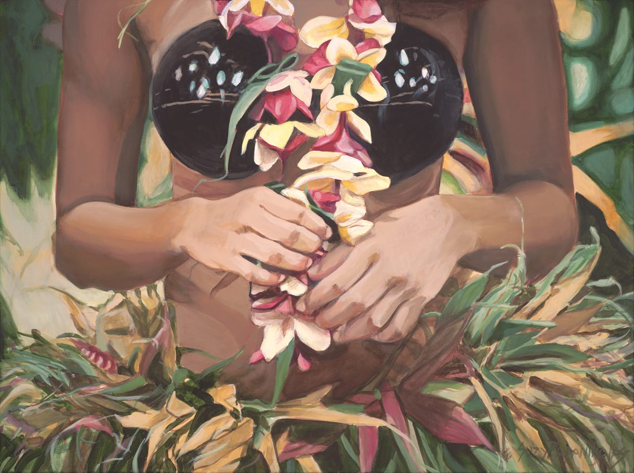 The torso of a female hula dancer with a coconut shell bra, plumeria lei, and ti leaf skirt