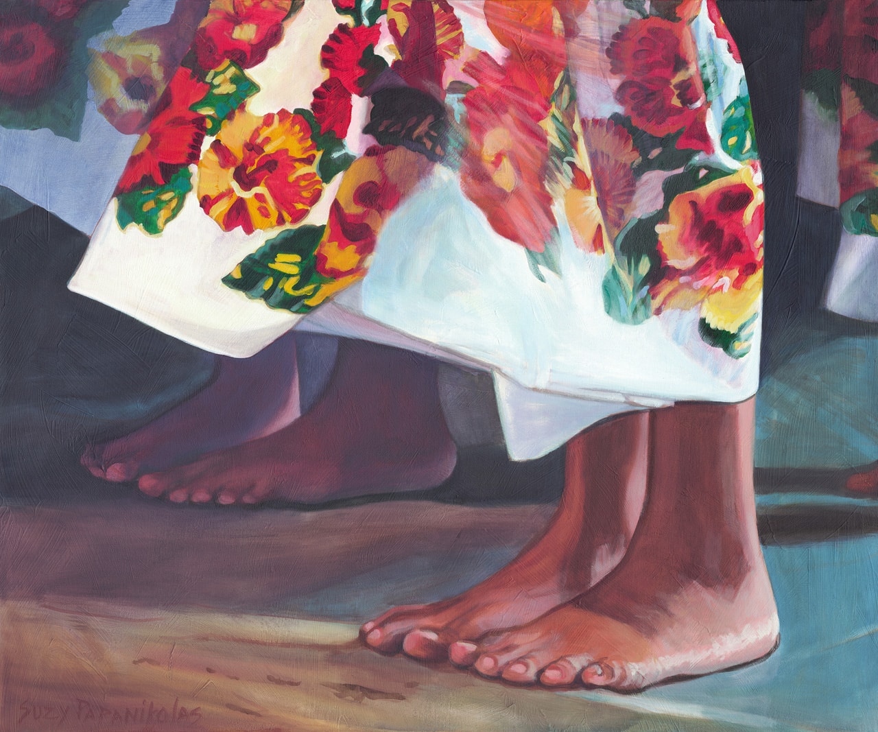 The feet of two hula dancers with a colorful hibiscus flower hula skirt