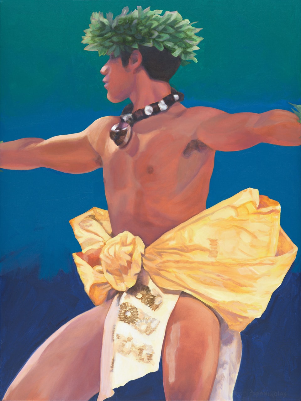 A male hula dancer in action with his arms spread open, wearing a yellow and while malo