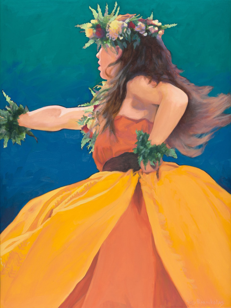 A female hula dancer in motion wearing yellow and orange with ti leaf additions and long brown hair