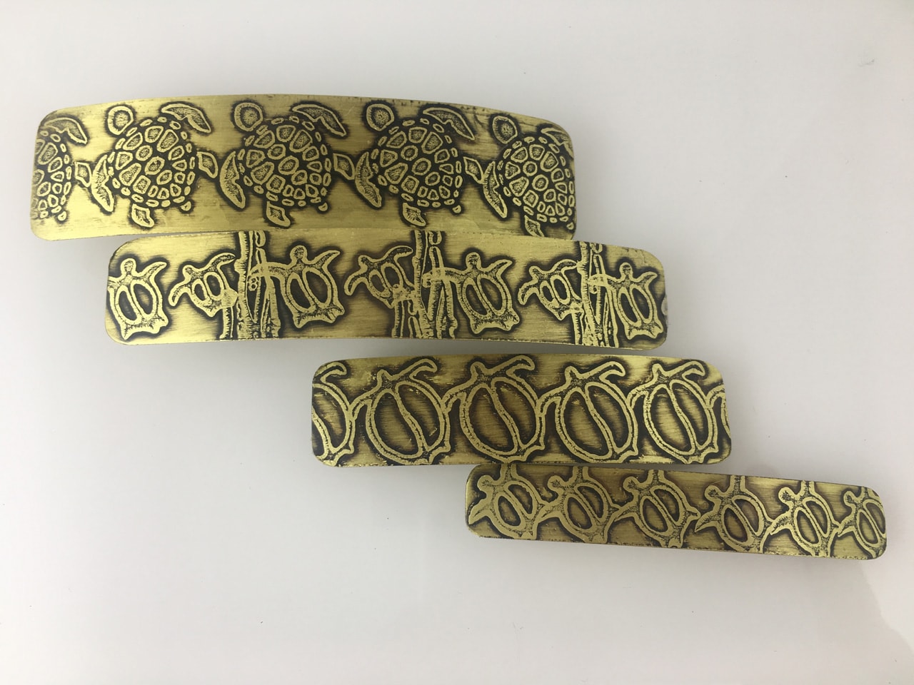 Brass Hair Barrettes in Assorted Sizes Etched with Hawaiian Honu (Turtle) Petroglyph Designs by JoAnna Hernandez