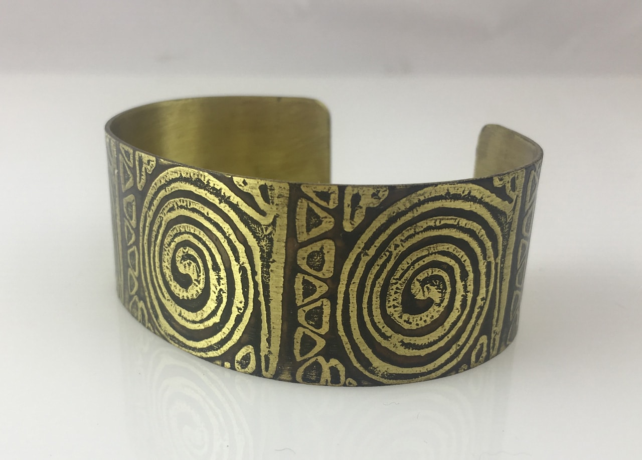 Brass Cuff with Etched Spirals by JoAnna Hernandez