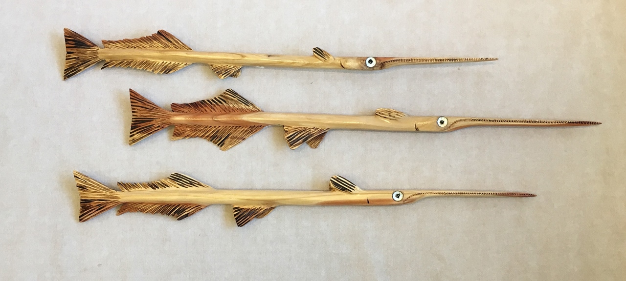 Stickfish of the Reef by Ken Darr wood sculptural wall hanging group of three fish