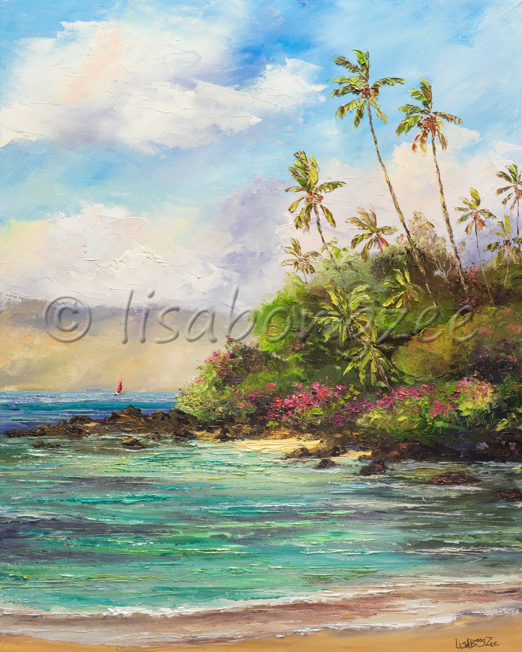 original oil gallery wrapped painting of an ocean with a hill on the right covered with trees and lush foliage