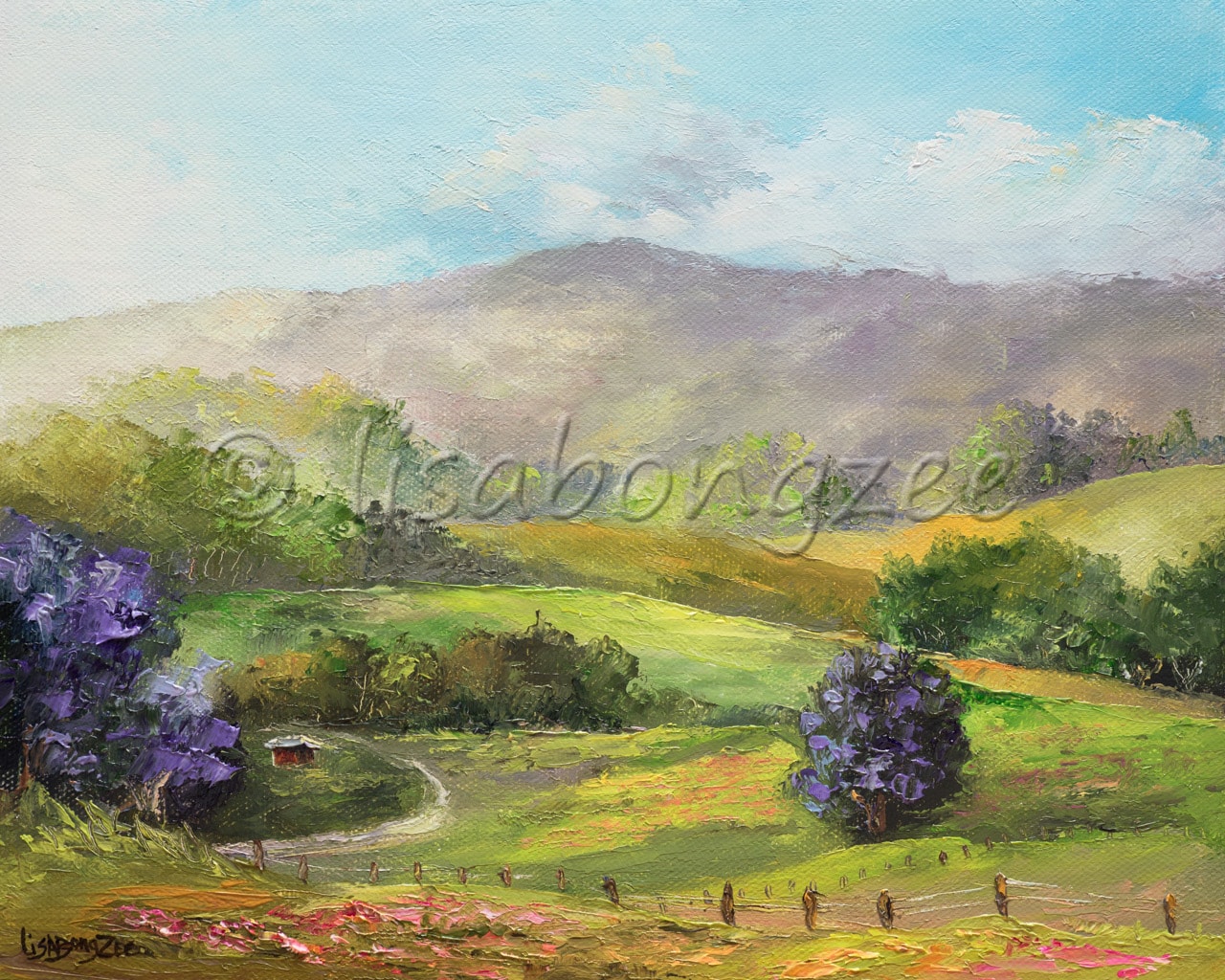 origial oil of a hilly pasture with lush green plans a three purple jacaranda plants