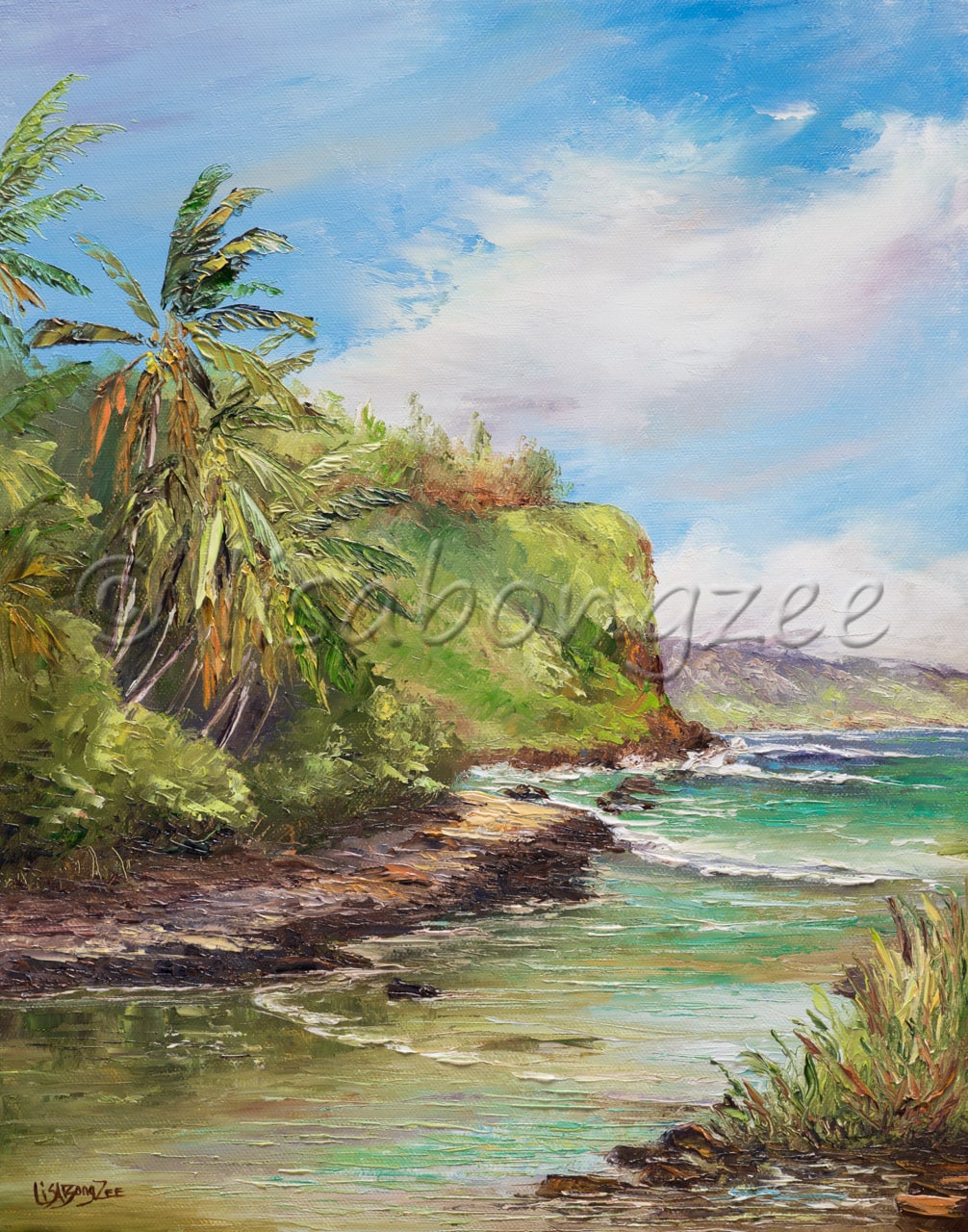 original oil of a beach next to a lush green mountain