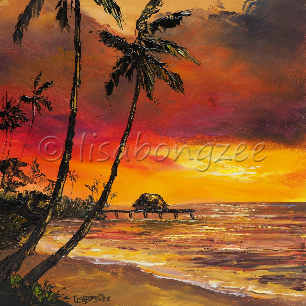 original oil of a sunset on beach. Vibrant red, orange, yellow, and purple in the sky. Trees and a pier are shadowed