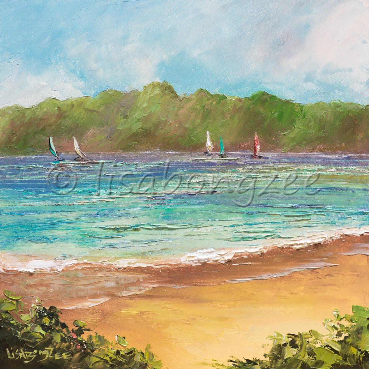 original oil painting of a calm beach with five various colored sail boats in the distance