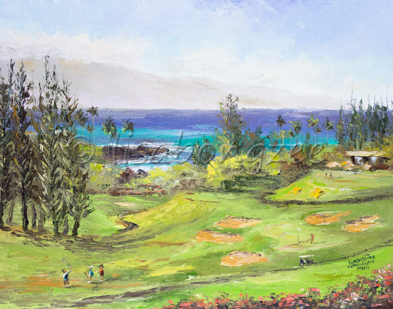 original oil painting of a golf course right next to the ocean. three golfers on the range