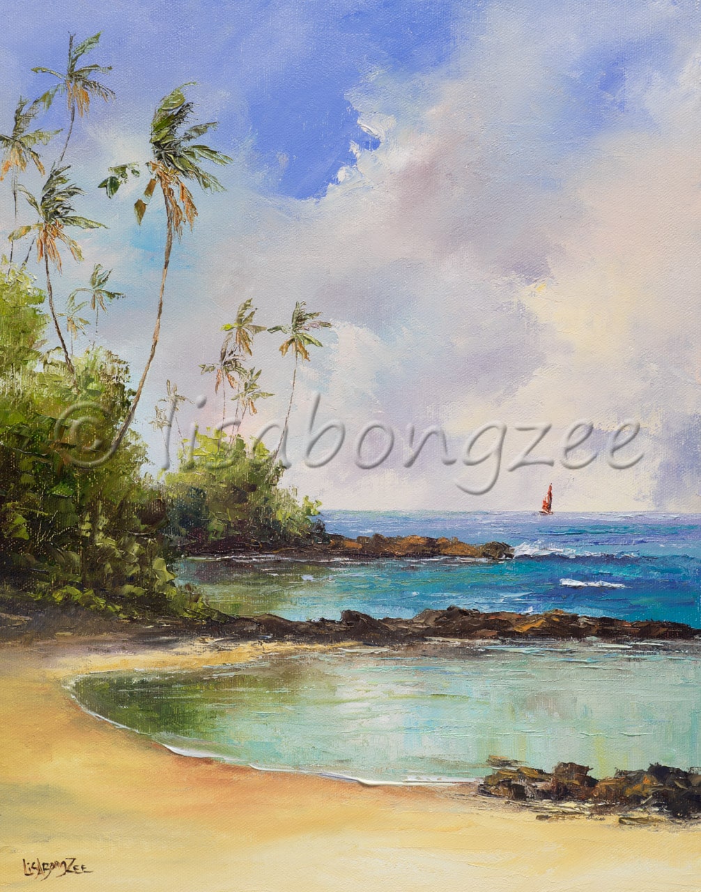 original oil painting of a beach separating the ocean with a line of rocks and a single red sailboat in the distance