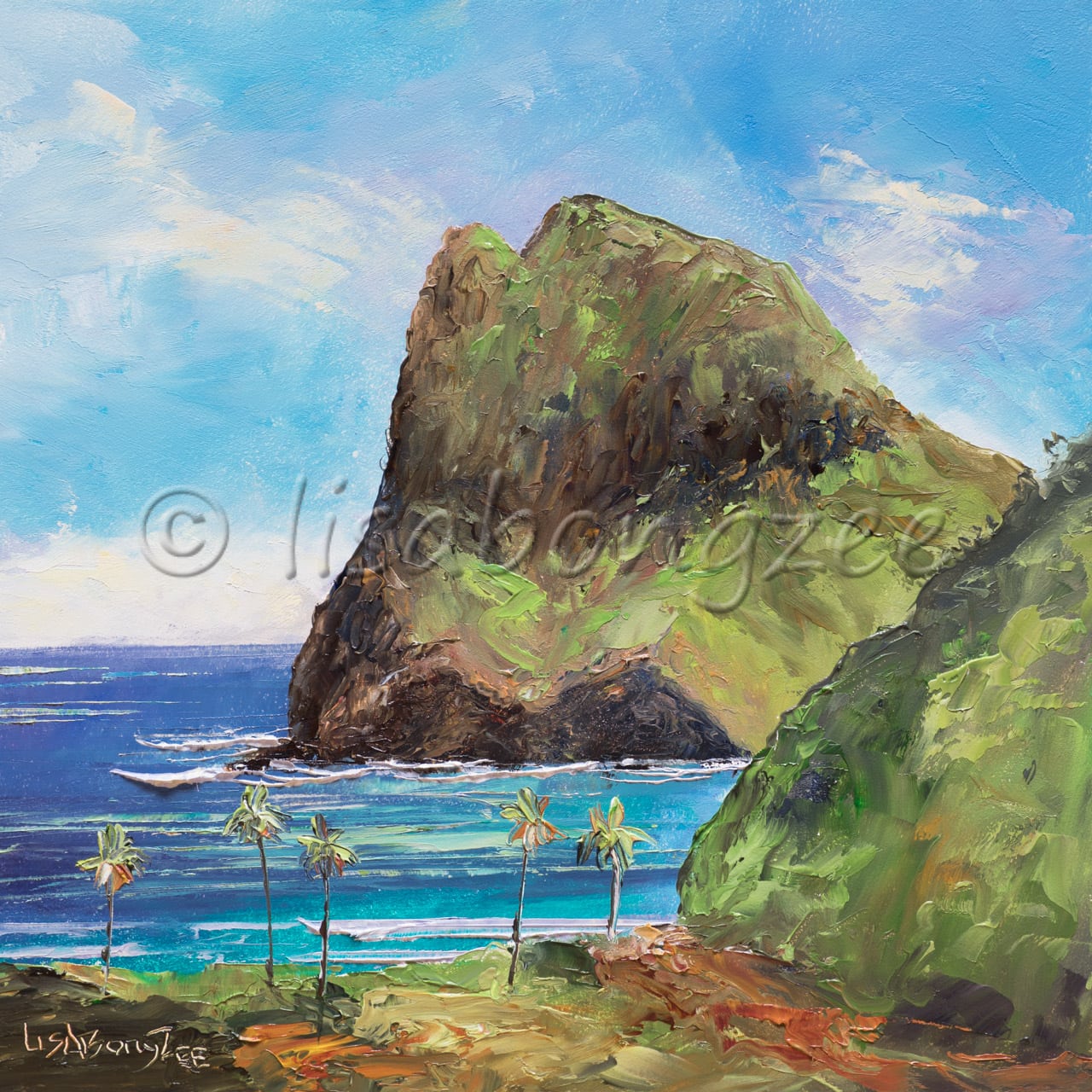 original oil of Kahakuloa Maui. A very large rock in the ocean covered in grass and plants. A deep blue ocean surrounding it and palm trees lining the shore