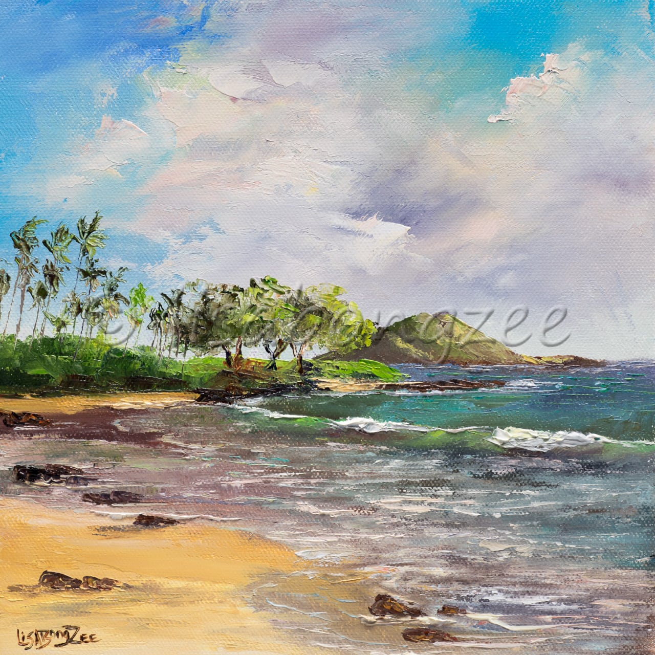 original oil of Polo beach Maui, ocean with trees and a bright cloudy sky