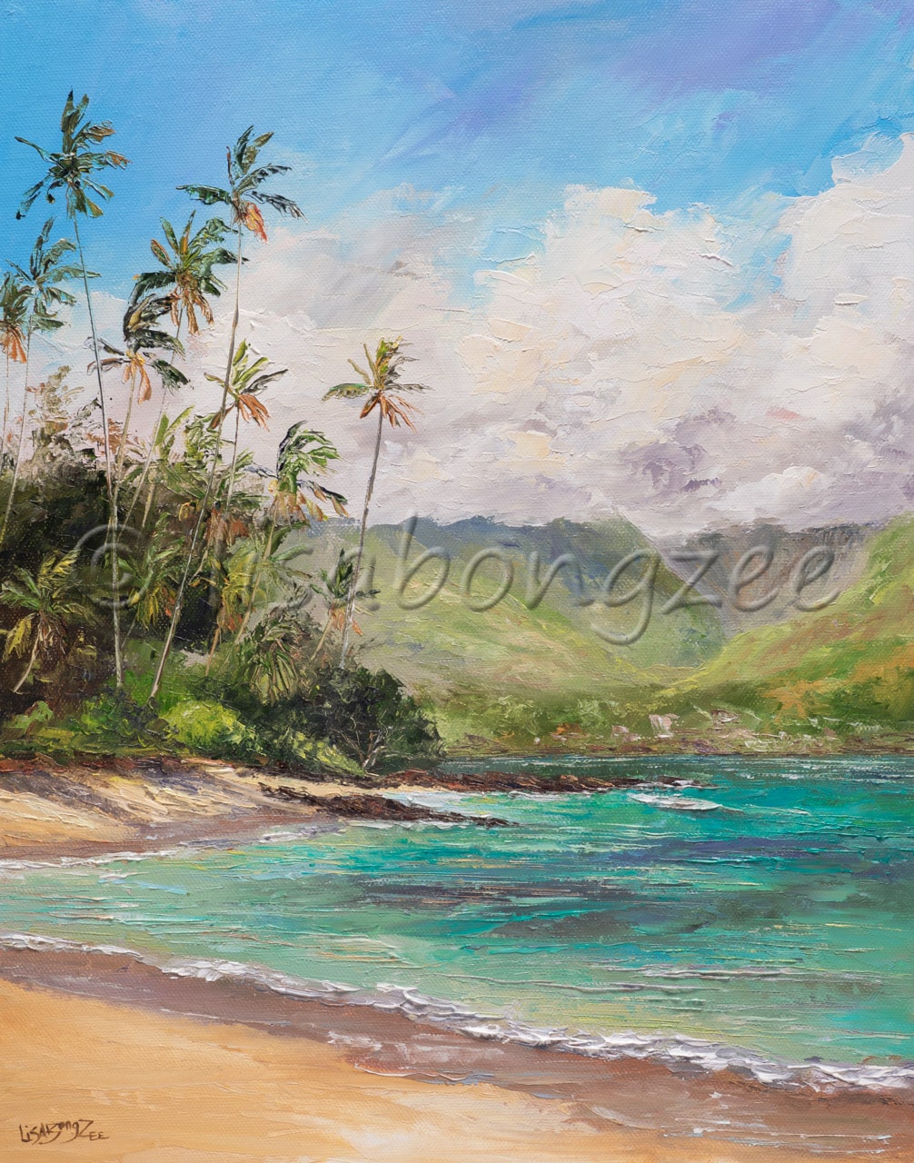 original oil of a calm teal ocean with multiple palm tress and mountain view to the left.