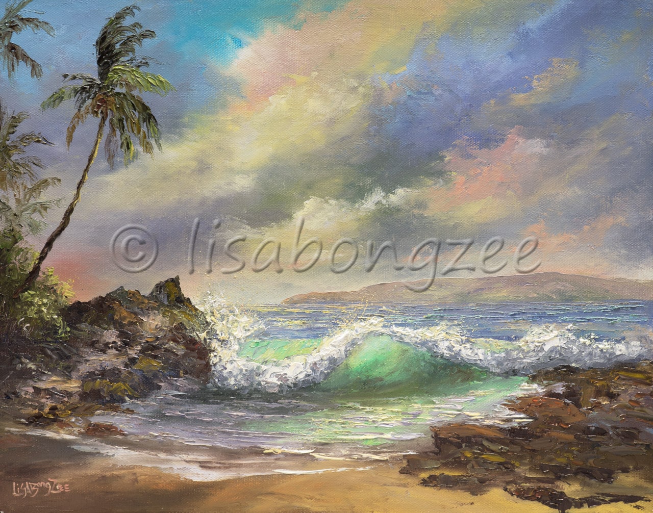 original oil of a single wave crashing onshore of a beach lined with lava rock and a single palm on the left hand side. Pastel colored clouds cover the sky