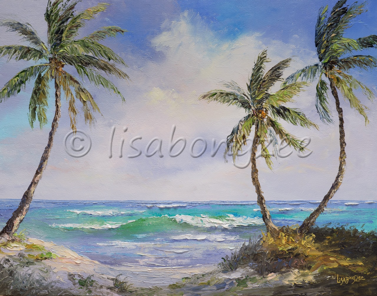 original oil painting of three palm trees next to shore with a few waves in the disance