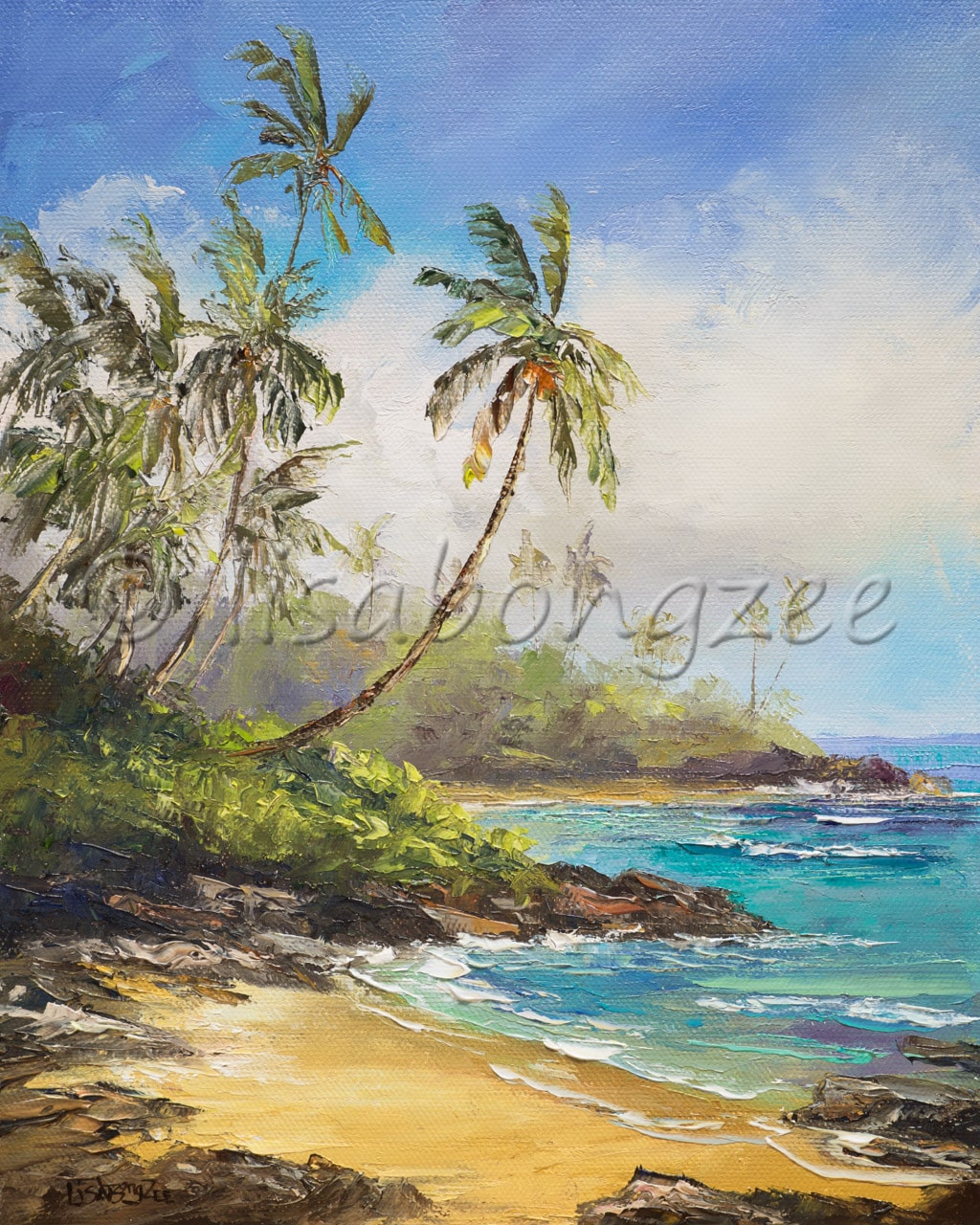 original oil painting of a calm beach lined with rocks, grass, and palm trees