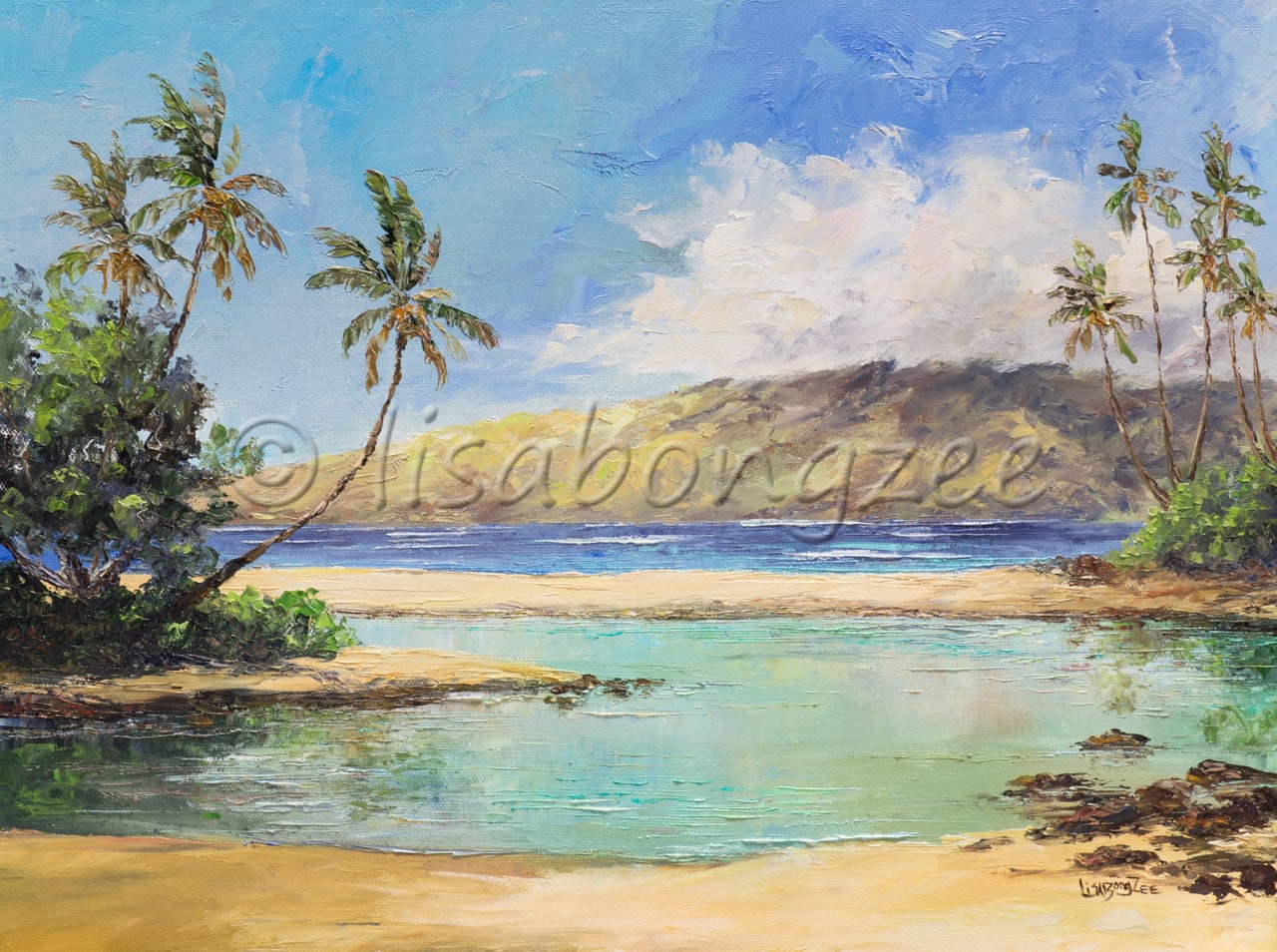 original oil of a sea tide pool and ocean in the distance with Maui's west Maui mountains in the distance and palm trees all around