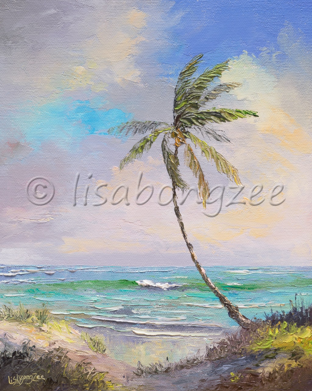 original oil of a single palm tree next to shore with a pastel sky and sea foam ocean with a wave in the distance