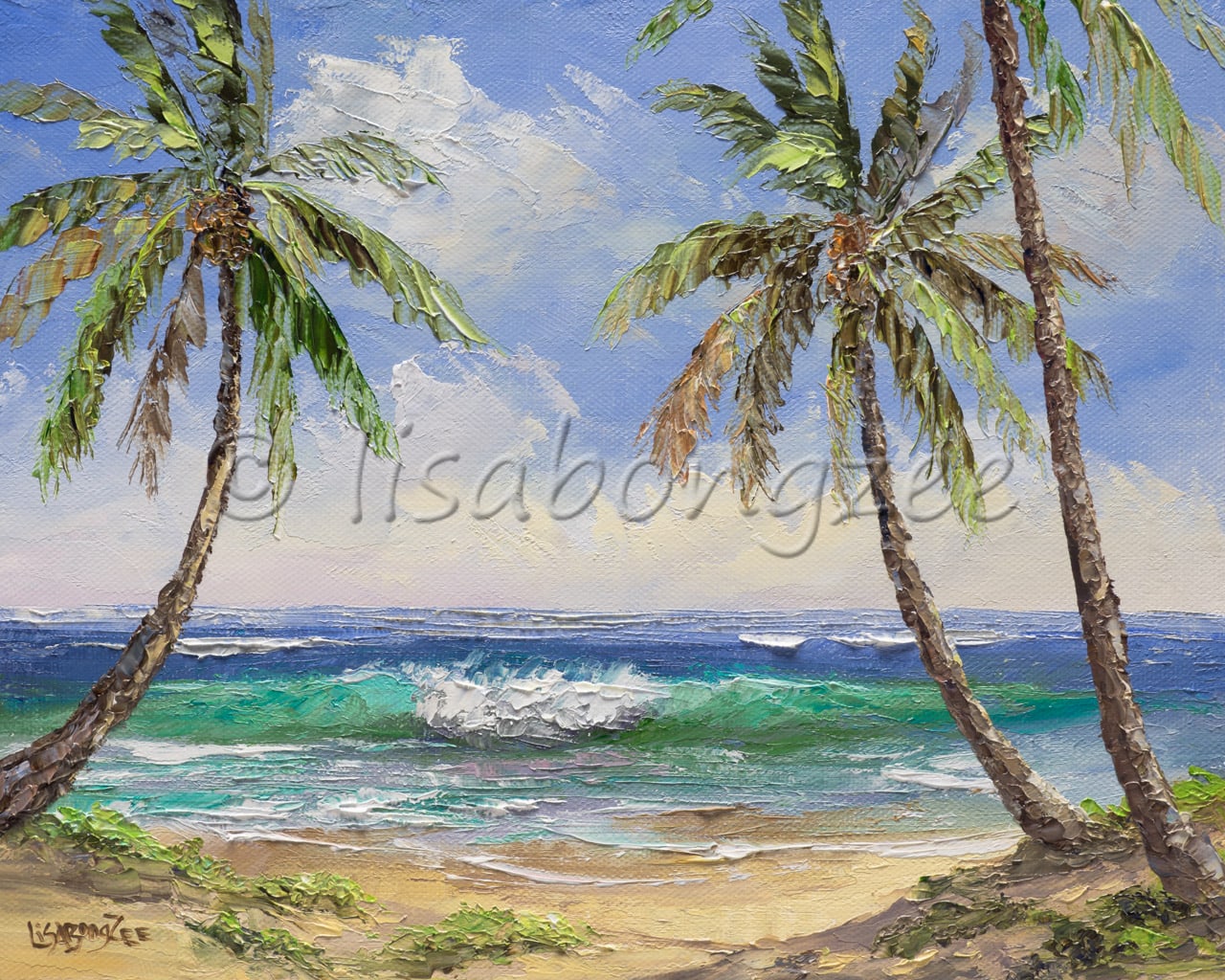 original oil of a wave crashing off shore and three palm trees on the beach