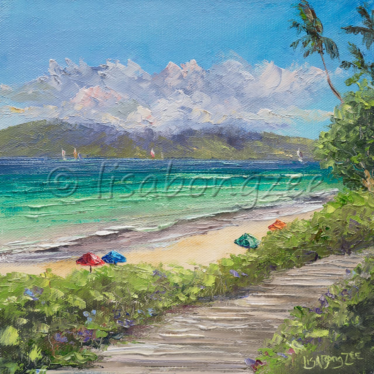 original oil painting beach with colorful umbrellas, teal ocean, beach path lined with plants, and an island in the distance with clouds