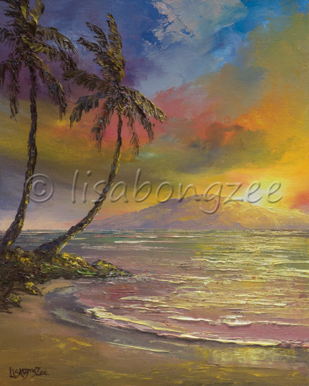 Original oil painting of a sunset with Lanai island in the background and two palm trees next to the ocean