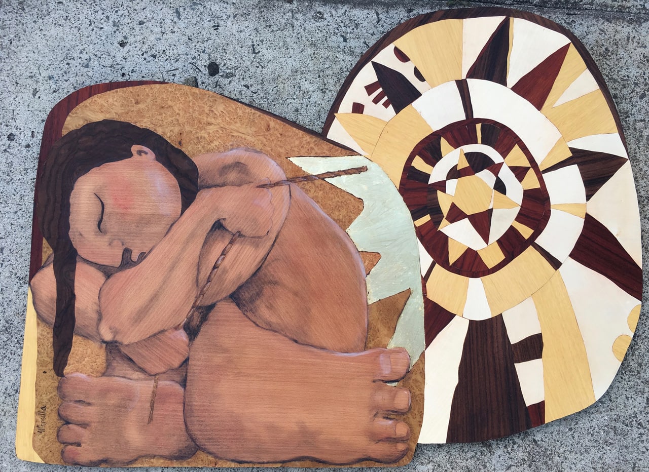 Maui Slows the Sun by Juli Morsella marquetry depicting the god Maui blocking the sun