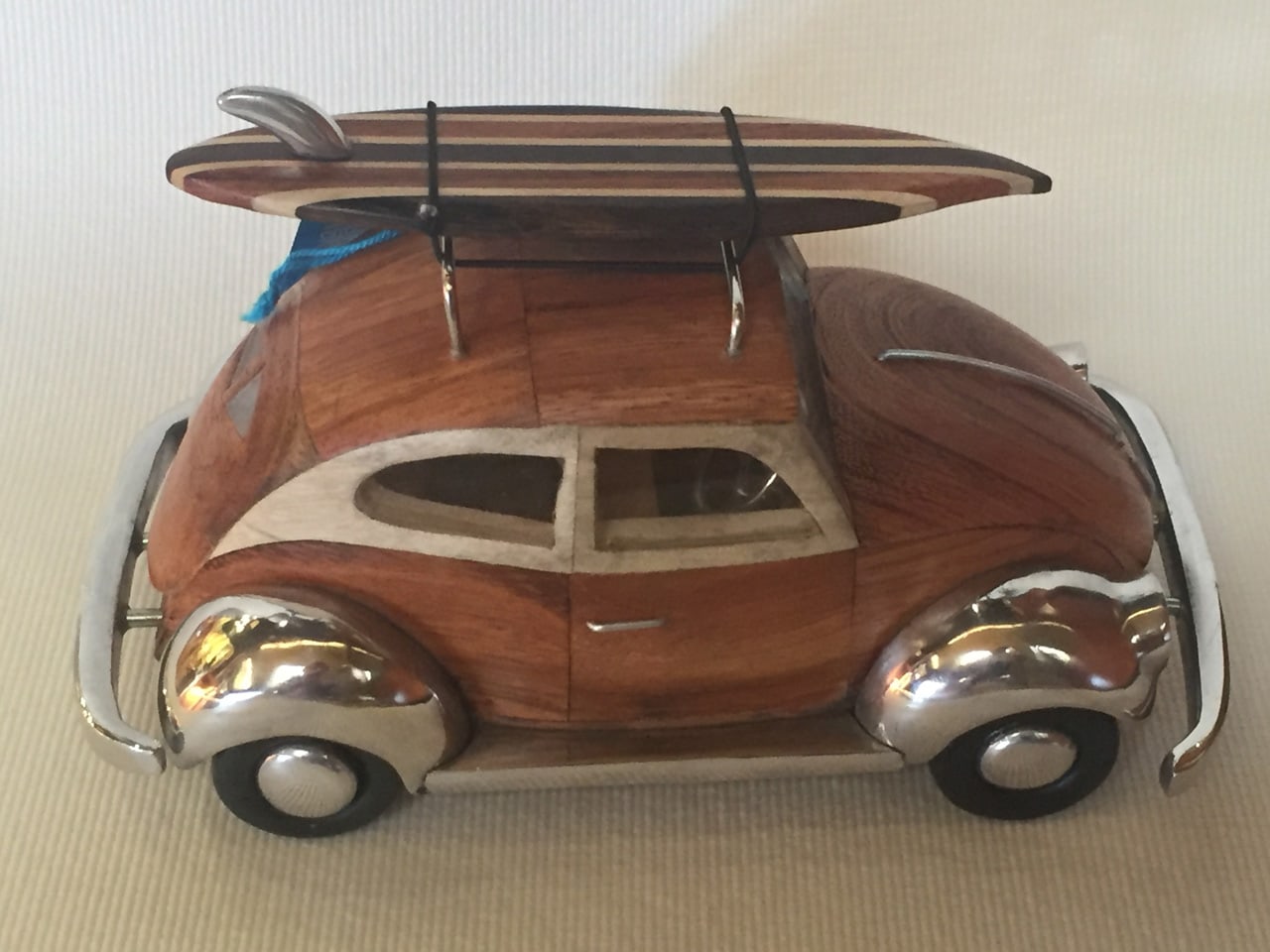 VW Bug by Doug Miller wood and metal model with surfboard side view