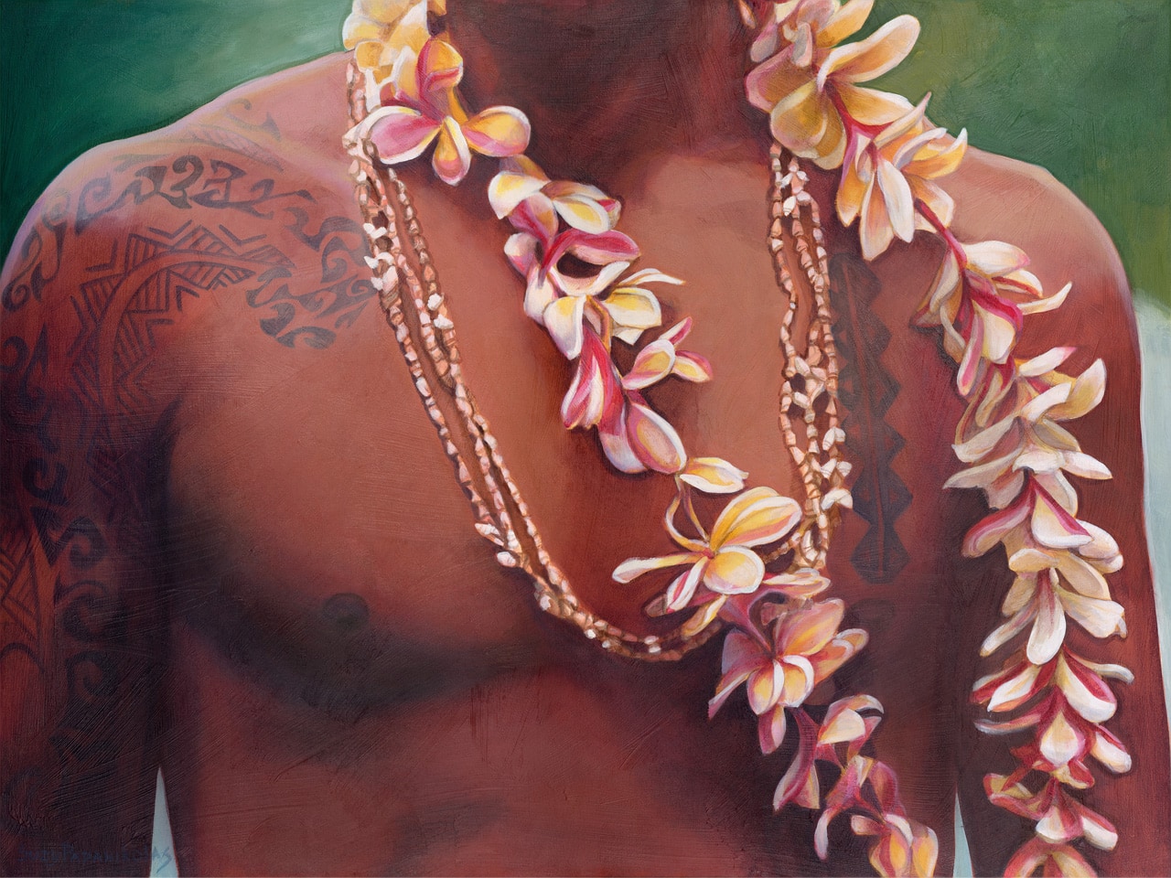 The upper body of a Hawaiian male with tribal tattoos, wearing plumeria and shell leis